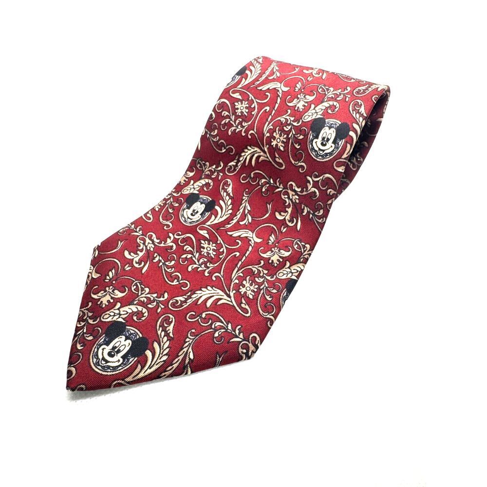 Disney Mickey Mouse Red Gold Scroll Pattern Silk Blend Neck Tie Mens